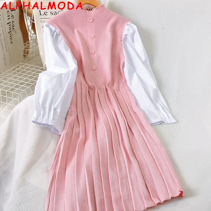 ALPHALMODA 2020 весеннее трикотажное платье с пышными рукавами женское однобортное