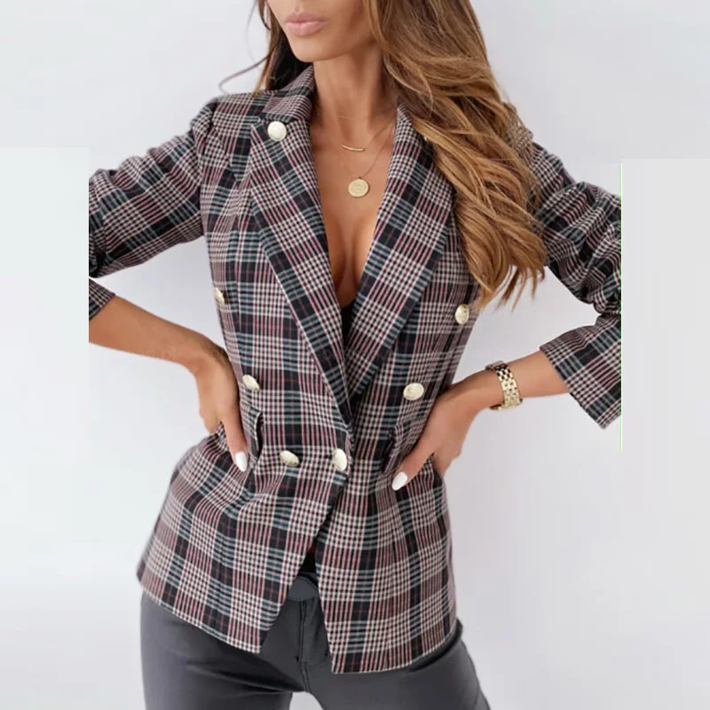 

Women Fall Winter Plaid Print Blazer Jacket Casual Lapel Slim Double Breasted Female Blazer Coat Tops Work Office Lady Suit 2021