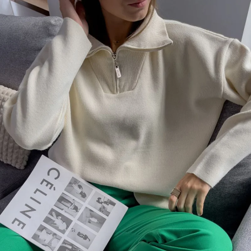 

Женский свободный вязаный свитер с воротником-поло, Повседневный пуловер цвета хаки, женский свитер с длинным рукавом, пуловер, Зимняя мода 2023