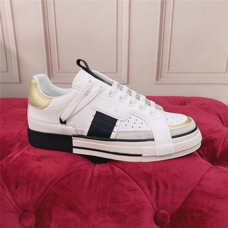 

2022 Unique Luxury White Sneakers Women Round Toe Mixed Color Leather Patchwork Flat Shoes Woman Soft Real Leather Loafer Shoes