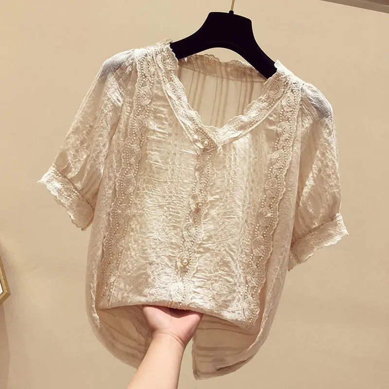 Korean Lace Chiffon Blouse Tops 2023 Summer New Slim Chiffon Shirts Women Casual Loose Blouses Shirt Female Sexy V-Neck Shirt