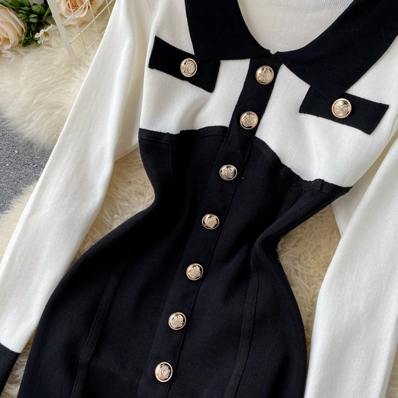 

Ladies Spring Vintage Black White Patchwork Package Hip Knitting Dress Women's Long Sleeve Elasticity Pencil Knit Sweater Dress
