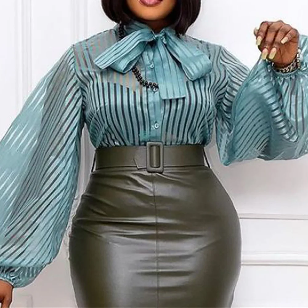 

Sexy Sheer Top Striped See Through Lantern Long Sleeve Bow Tie Button Up Women Shirt Office Lady Elegant Work Wear Blouse
