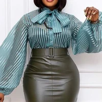 sexy sheer top striped see through lantern long sleeve bow tie button up women shirt office lady elegant work wear blouse