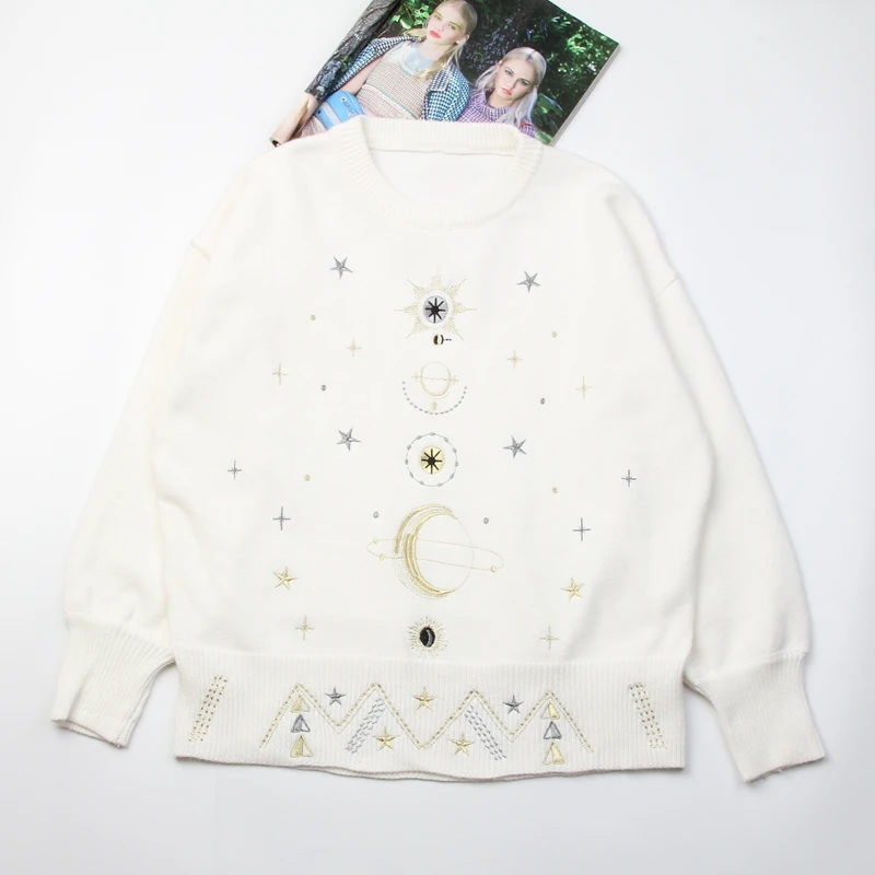 Autumn Winter Female Cosmic Space Pattern Long Sleeves O-neck Knitted Pullover High Quality Women Sweater Jumper Runway Tops | Женская