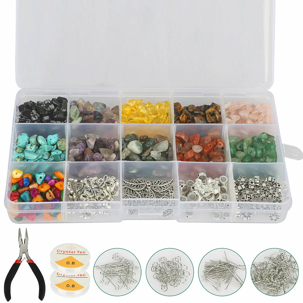 

933PCS Irregular Chips Stone Beads DIY Jewelry Making Starter Kit Earring Pendant Hook Stone Bead Mixed W/ Box