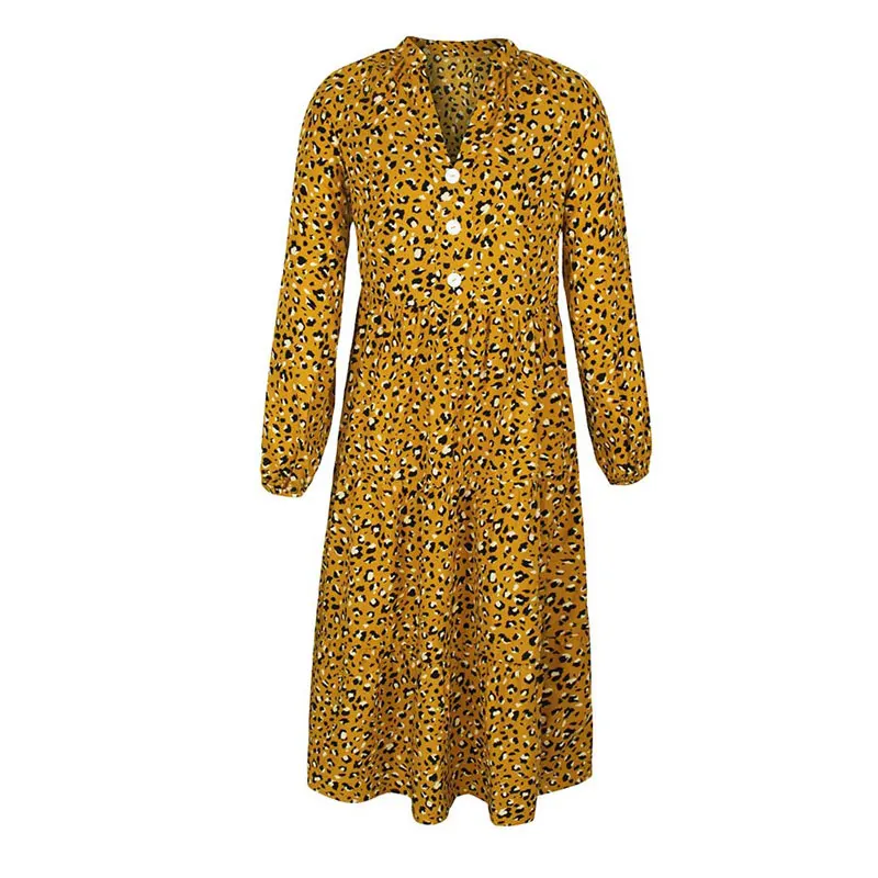 

2020 Autumn Leopard Dress Women Long Sleeve Elegant Party Dresses Ladies Button Boho Dress Female V-neck Chic Midi Bohemian