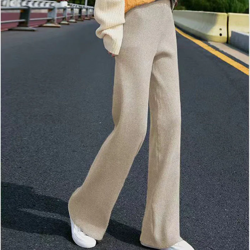 

High waist Knitted Wide Leg Pants for women 2021 New big size 3XL Casual loose Straight pants Drawstring Elastic Sweater Trouser