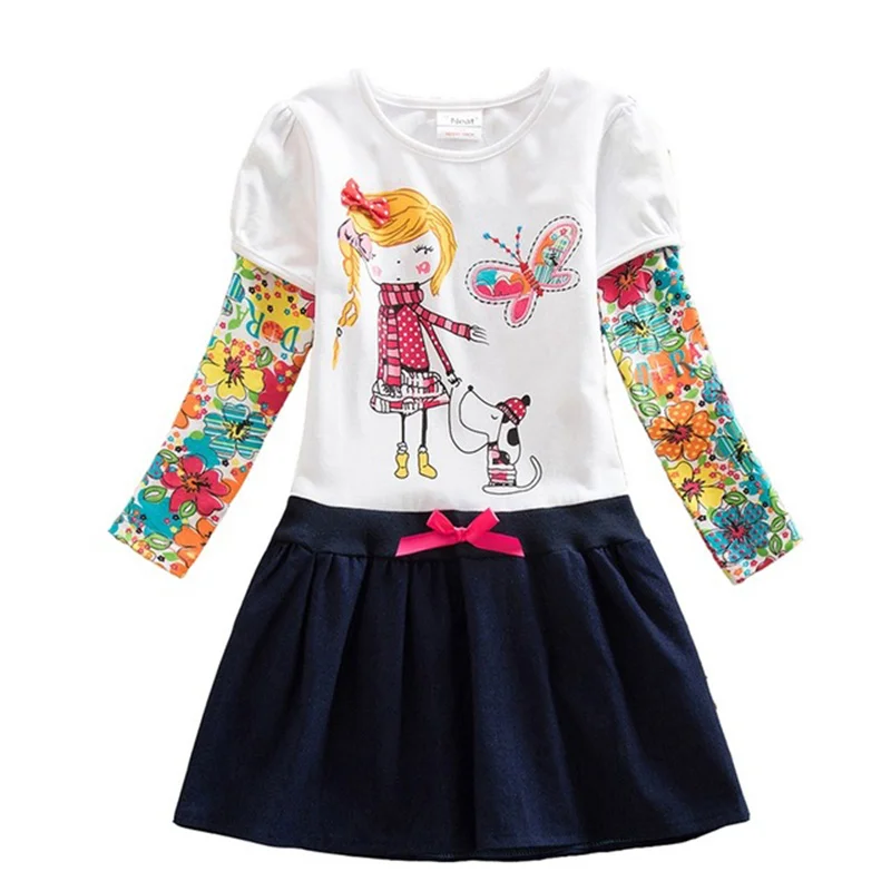 VIKITA Girls Flower Dresses Children Cotton Dress Long Sleeve Autumn Winter Cartoon Kids For Roupa Infantil Menina | Детская одежда и