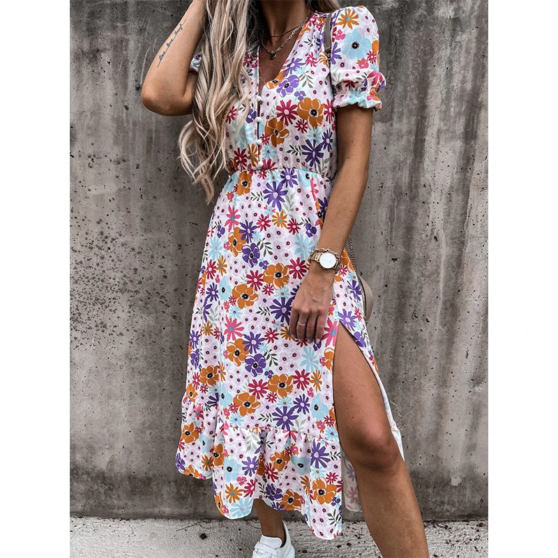 

Summer Dresses for Women Floral Printed Side Split Casual Ladies Dress Sexy Deep V Neck Spaghetti Strap Outdoor Beach Vestido
