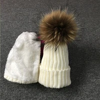 2020 kids winter hats fahion skullies knitted hat kids beanies boy girls real raccoon fur pompom hats set children hats scarf