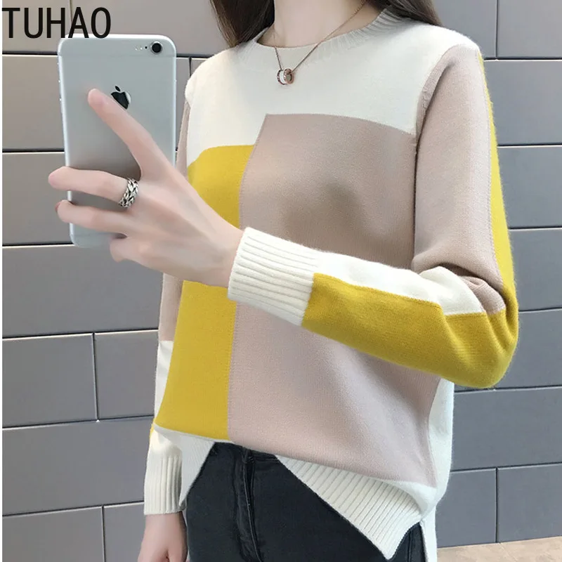 TUHAO sweet Casual Lady women sweater Geometric Pattern Loose Knit Women Bottom Shirt Color Collision Femme sweaters HC160 | Женская