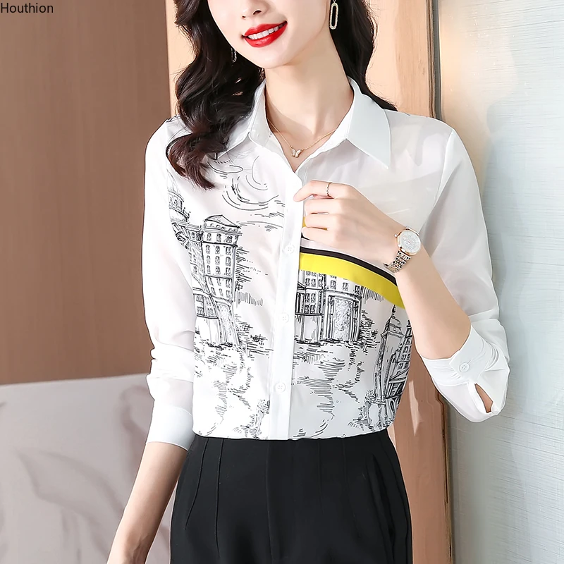 

Silk Satin Loose Women's Shirts New Fashion Blouses Casual Long Sleeve Blusas Printing Polo Shirts Autumn Houthion