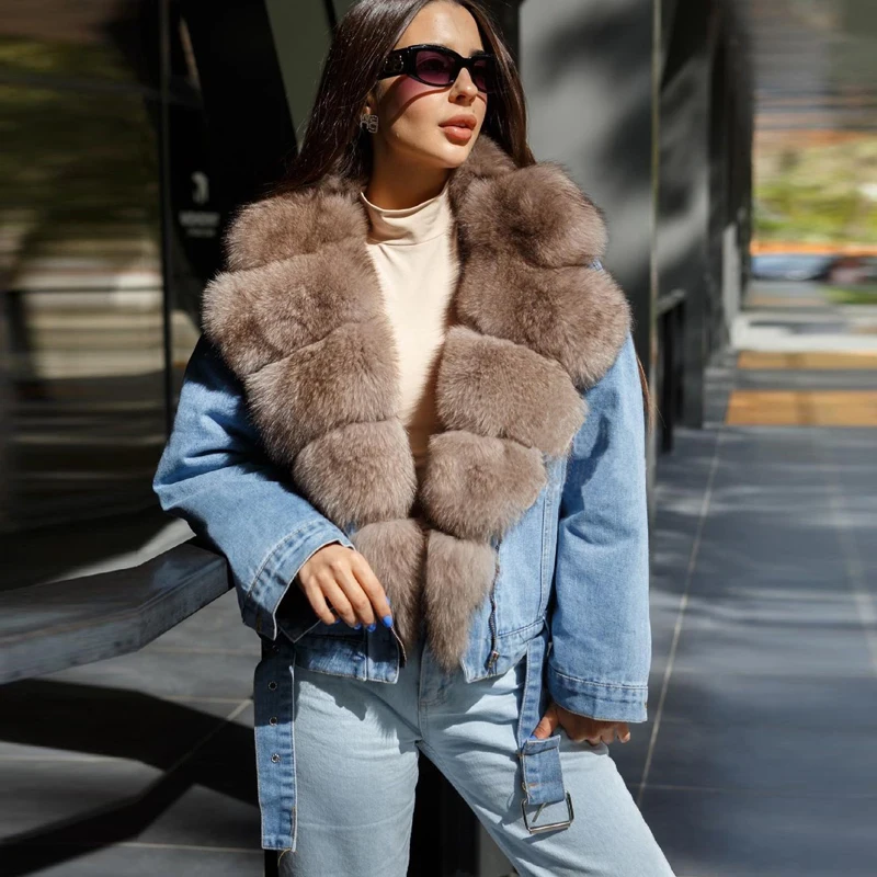 Fashion Real Fox Fur Coat Women Natural Winter High Quality Denim Jacket With Big Fox Fur Collar Luxury Fur Overcoats Woman 2022