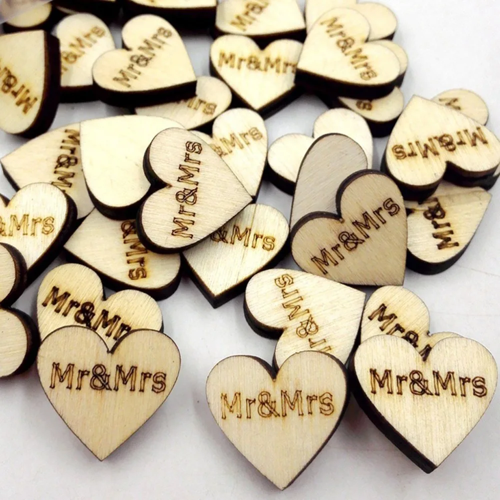 

ANGRLY 50pcs Rustic Wooden Heart Carved with Mr & Mrs Wedding Embellishments Table Wedding Decoration Crafting DIY Accessory