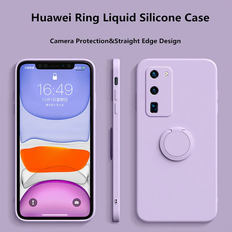 

Liquid Silicone Square Case For Huawei P30 P40 Mate 20 30 Nova 5 6 7 Pro Honor V30 30 Pro Ring Holder Soft Shockproof Back Cover