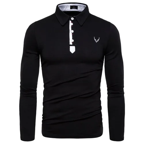Drop Shipping New Fashion Long Sleeve T Shirt Men Casual Embroidery Slim Fit Men's Tees Solid Turn-down Collar T-Shirts Men - Цвет: black
