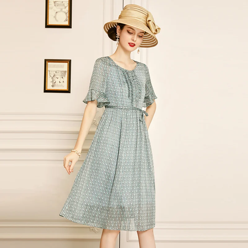 

Женское шифоновое платье-трапеция SHZQ, с круглым вырезом и коротким рукавом, средней длины, облегающее летнее платье с принтом, 2021