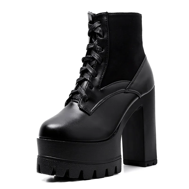 Женские кожаные ботинки на молнии черные осенние платформе и каблуке со