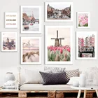 Розовый тюльпан, морской пляж, река, вид на город, скандинавские стены, искусство, холст, живопись, плакаты и принты, картинки для декора гостиной