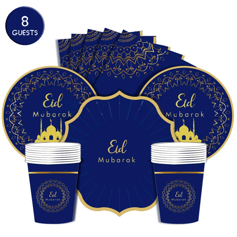

Elegant Blue Eid Disposable Tableware Happy Eid Mubarak Islamic Muslim Party Decor Ramadan Kareem Eid AL Adha Decor For Home