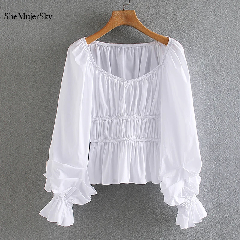 

SheMujerSky Women White Chiffon Blouse Ruched Elastic Tops 2020 Lantern Sleeve Long Sleeve Shirts Elegant Ladies Blouses