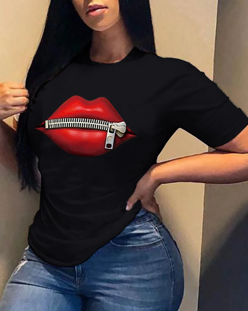 

Fashion Women's Casual Sequins Red Lip T-Shirt Short Sleeve T-Shirts 2020 Vintage Creativity zipper Lips T-Shirt,drop ship