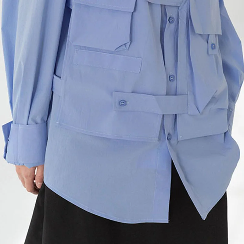 

XITAO Patchwork Casual Shirt Women Tide Fashion New Korean Style Turn Down Collar Long Sleeve Solid Color Fake Two Pieces ZY5277