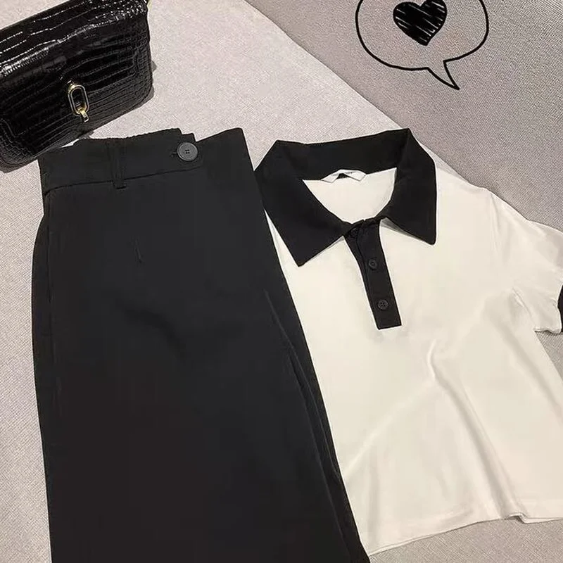 

Women Sets Summer Short Sleeve Tops Wide Leg Pants Fashion Casual Students Korean Style Streetwear Chic Loose All-match Simple
