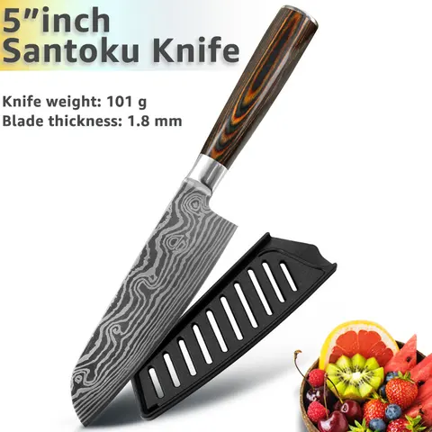 Кухонный нож шеф-повара, японская нарезка сантоку, Мясницкий резак, универсальный набор из 1-7 ножей 7CR17 440C, имитация дамасской шлифовки из нержавеющей стали
