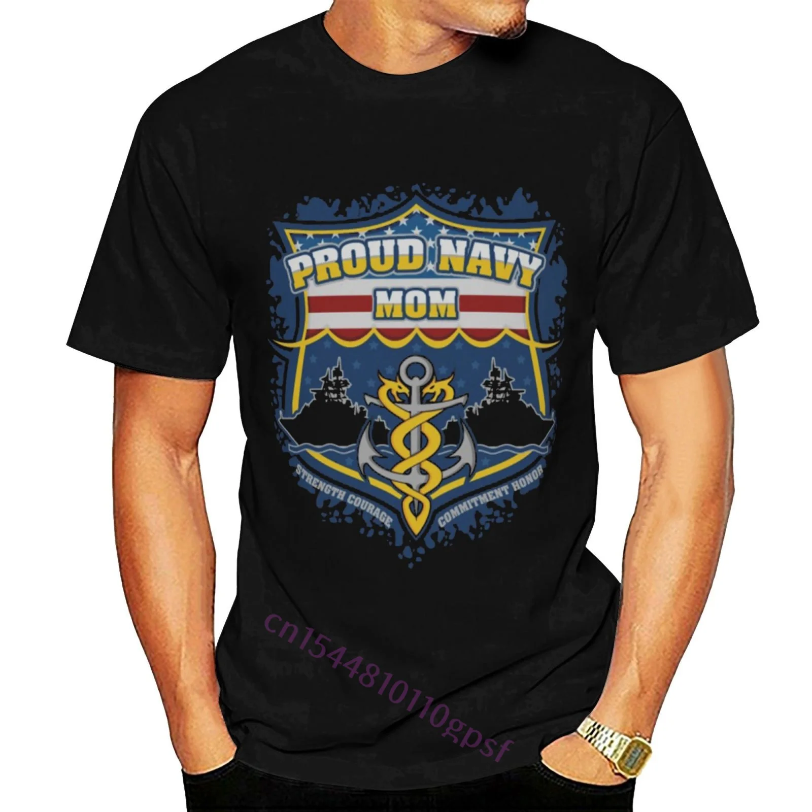 

100% Cotton Fashion O Neck Custom Printed Men T Shirt Proud Navy Mom Battleship And Anchor Mens Black Funny Women T Shirt