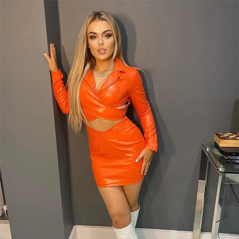 

Женское офисное платье-карандаш CHRONSTYLE из искусственной кожи, женское платье-карандаш с вырезами, отложным воротником, V-образным вырезом и п...