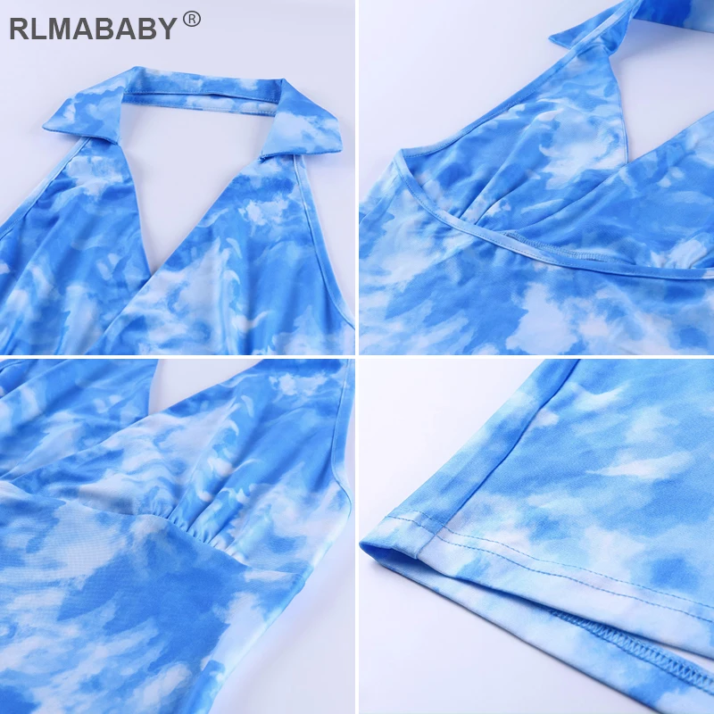 

RLMABABY Tie Dye Print Summer Halter Dress Skinny Backless Bodycon Dress Night Club Sexy Women Dress Slim Elegant Party Dress