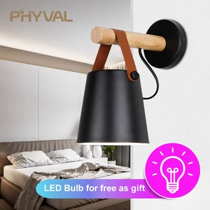 Светодиодный ная настенная деревянная лампа E27, современсветильник прикроватный светильник с абажуром в скандинавском стиле, декоративный белый и черный пояс, 85-265 в