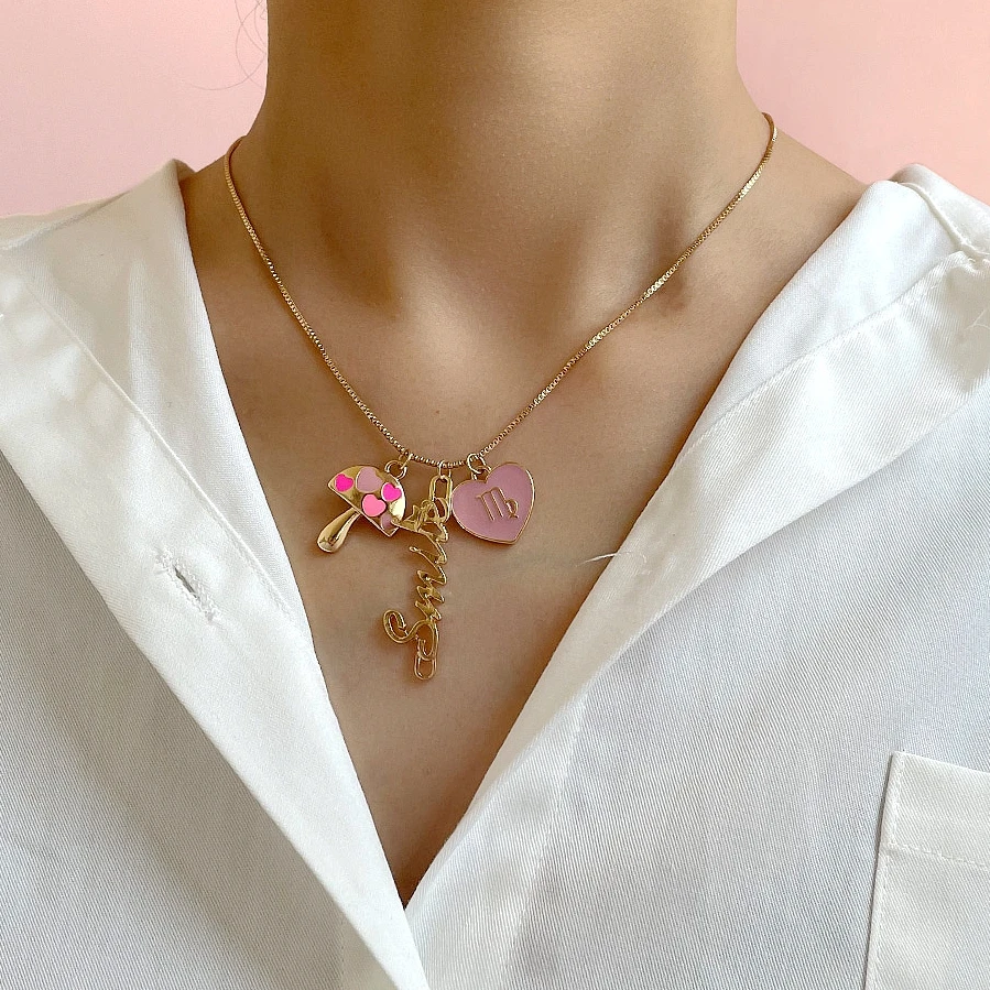 

Korean Cute Love Heart Letter Chain Necklace For Women Enamel Pendant Pink Mushroom Necklaces Fashion Party Y2k Jewelry Gifts