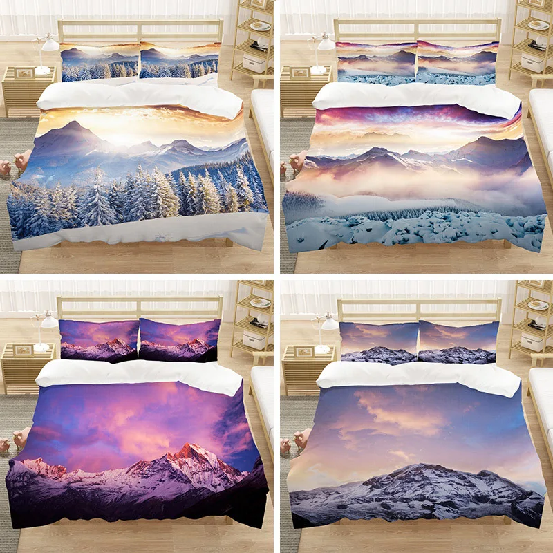 

3D Natural Scenery Duvet Cover Set Mountain Range with Snowy Peaks By Landscape Decorative 3 Piece Bedding Set with Pillowcase