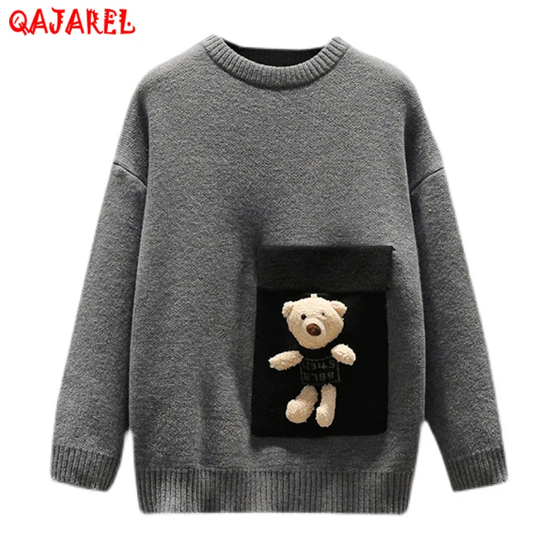 

2022 Black Knitted Cotton Cartoon Bear Pullovers Women Korean Vintage Thick Warm Top Sweaters Autumn Winter Elegant Coat Sweater