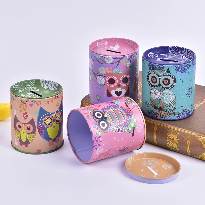 

2021 Vintage Owl Piggy Bank Tinplate Piggy Bank Children's Gifts Home Decoration Kid Gift Round Piggy Bank Money Box kawaii