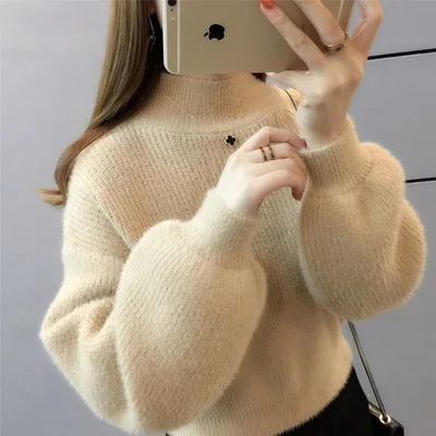 Женская Повседневная норковая кашемировая водолазка короткий свитер с