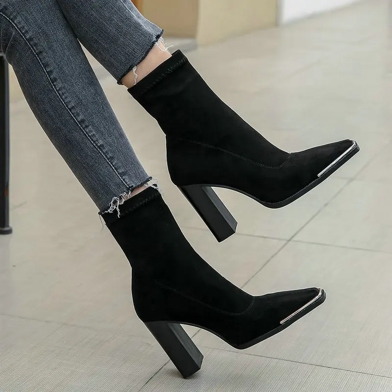 Женские ботинки-носки с квадратным носком, черные, бежевые или серыеэластичные ботильоны на высоком каблуке, сезон осень-зима, 2022