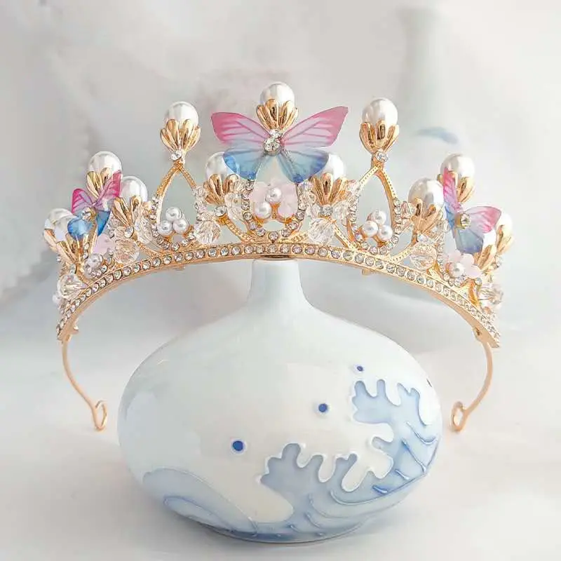 

Bridal Pearl Crown Wedding Accessories Children Birthday Butterfly Crown Stage Performance Hair Accessories Dress Accessories