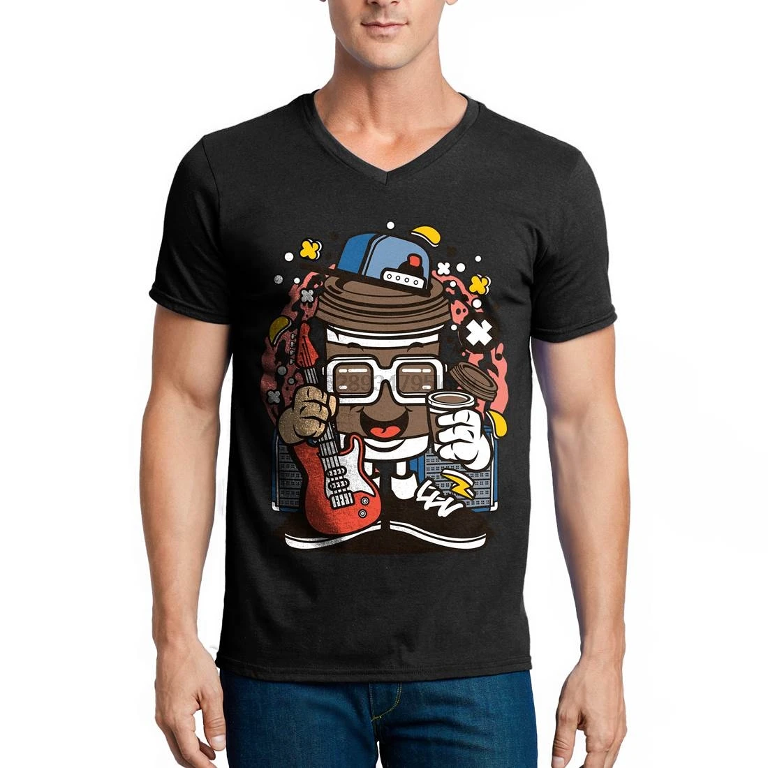 C523B Мужская футболка с v образным вырезом кофейная чашка рокабилли Рок н ролл