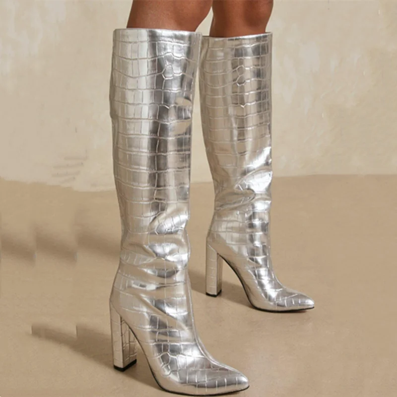 Trendy Gold Silver Shoes Boots High Chunky Heel Knee High Boots for Women Stone Print Slip-on Size 43