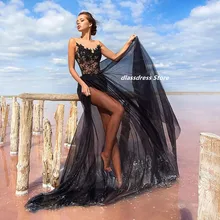 Black Beach Evening Dresses A-Line Sheer O-Neck Lace Appliques Party Prom Gown With Sexy Illusion Tu