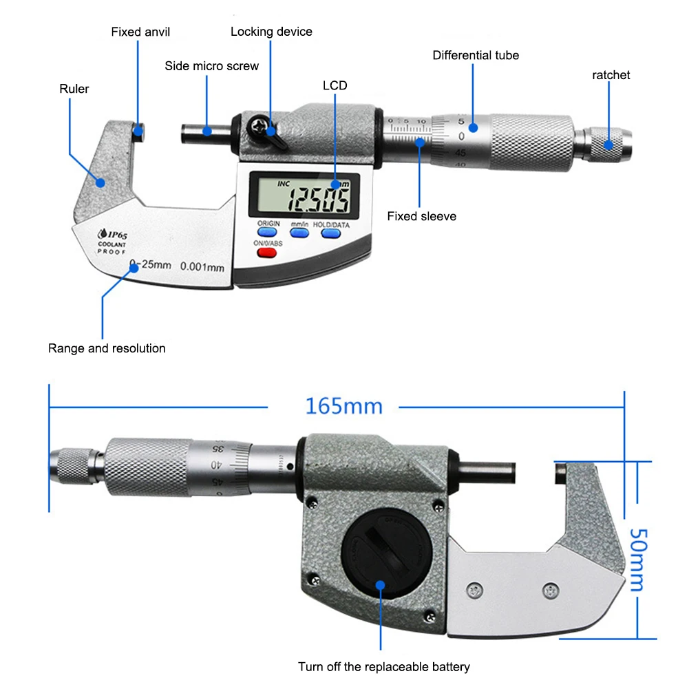 0 25 мм спиральный микрометр измерительный инструмент цифровой экран Внешний