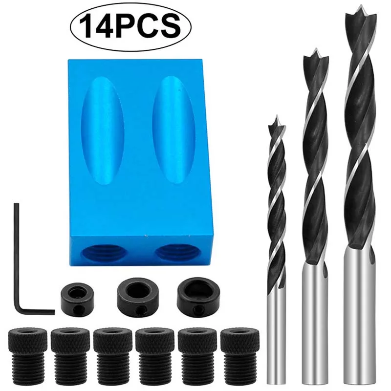 

Oblique Hole Locator Drill Bit 14pcs Woodworking Pocket Hole Jig Kit Angle Drill Guide Set Hole Puncher DIY Carpentry Tool