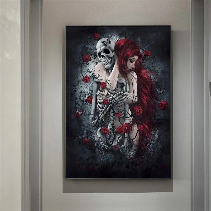 

Abstract Skull Girl Canvas Art Posters and Prints Dark Rose Flowers Wall Art Paintings Pictures Cuadros for Living Room Decor