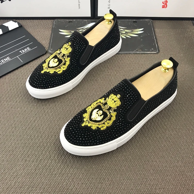 Новые улицы моды Стразы вышивка обувь на плоской подошве для мужчин Дизайнерское