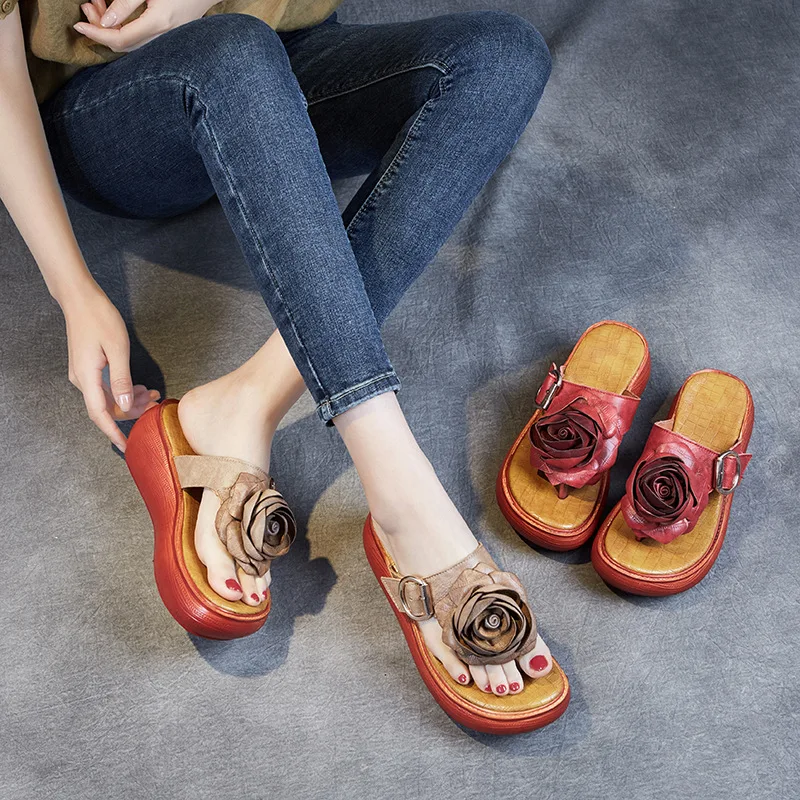 

Женские кожаные шлепанцы на танкетке, красные шлепанцы из натуральной кожи ручной работы, на высоком каблуке, 2021