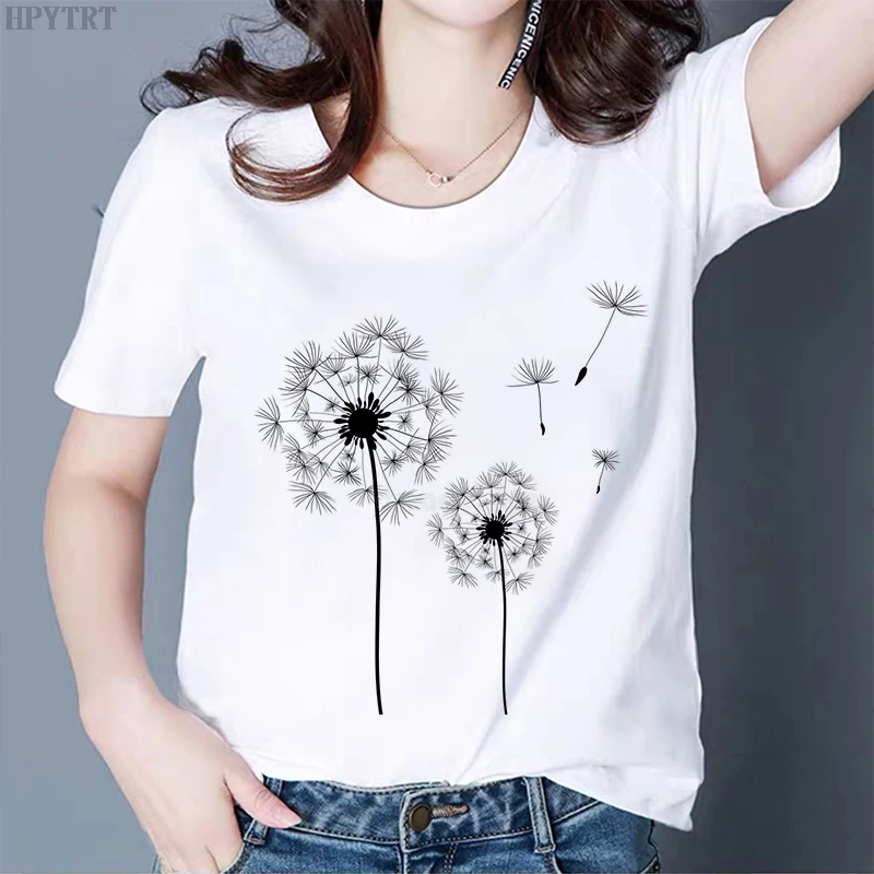 

Summer New Women T Shirt Harajuku Dandelion Bouquet Print White T-Shirt For Girls Students Lady O-neck Tops Short sleeve Tshirt